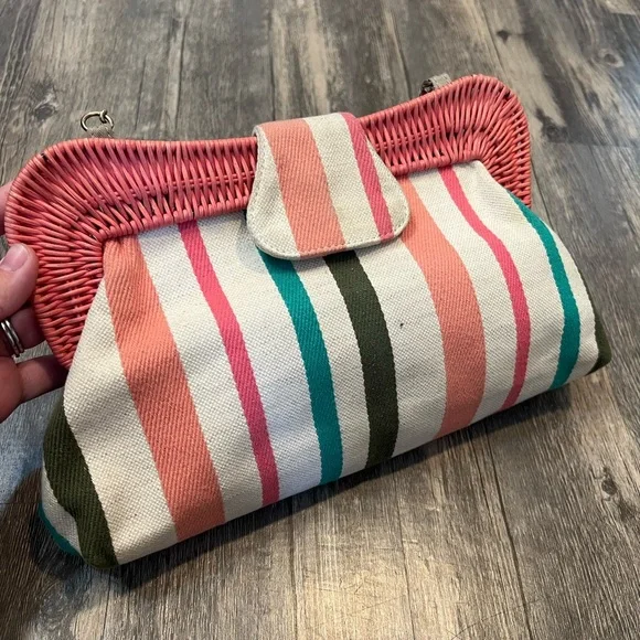 Talbots Striped Wicker and Canvas Bag with Chain Crossbody Strap Summer Bag - Picture 2 of 6